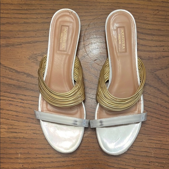 Aquazzura Metallic Gold/Silver Leather Rendez Vous Flat Slides, size 41 - Picture 5 of 13